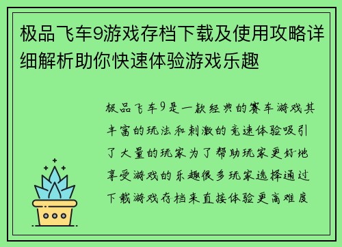 极品飞车9游戏存档下载及使用攻略详细解析助你快速体验游戏乐趣