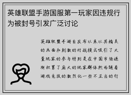 英雄联盟手游国服第一玩家因违规行为被封号引发广泛讨论